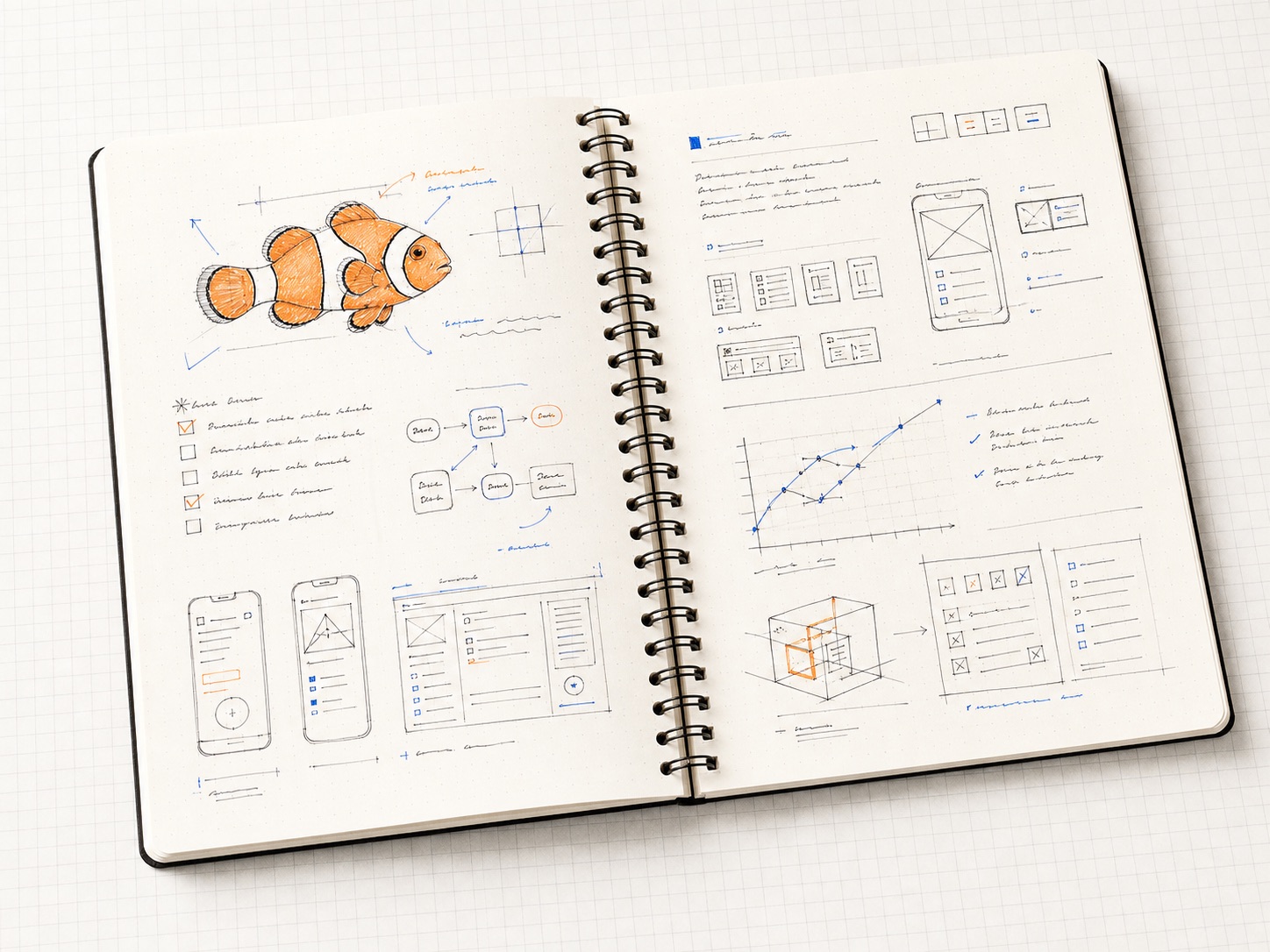 Product lab notebook with app sketches and engineering notes